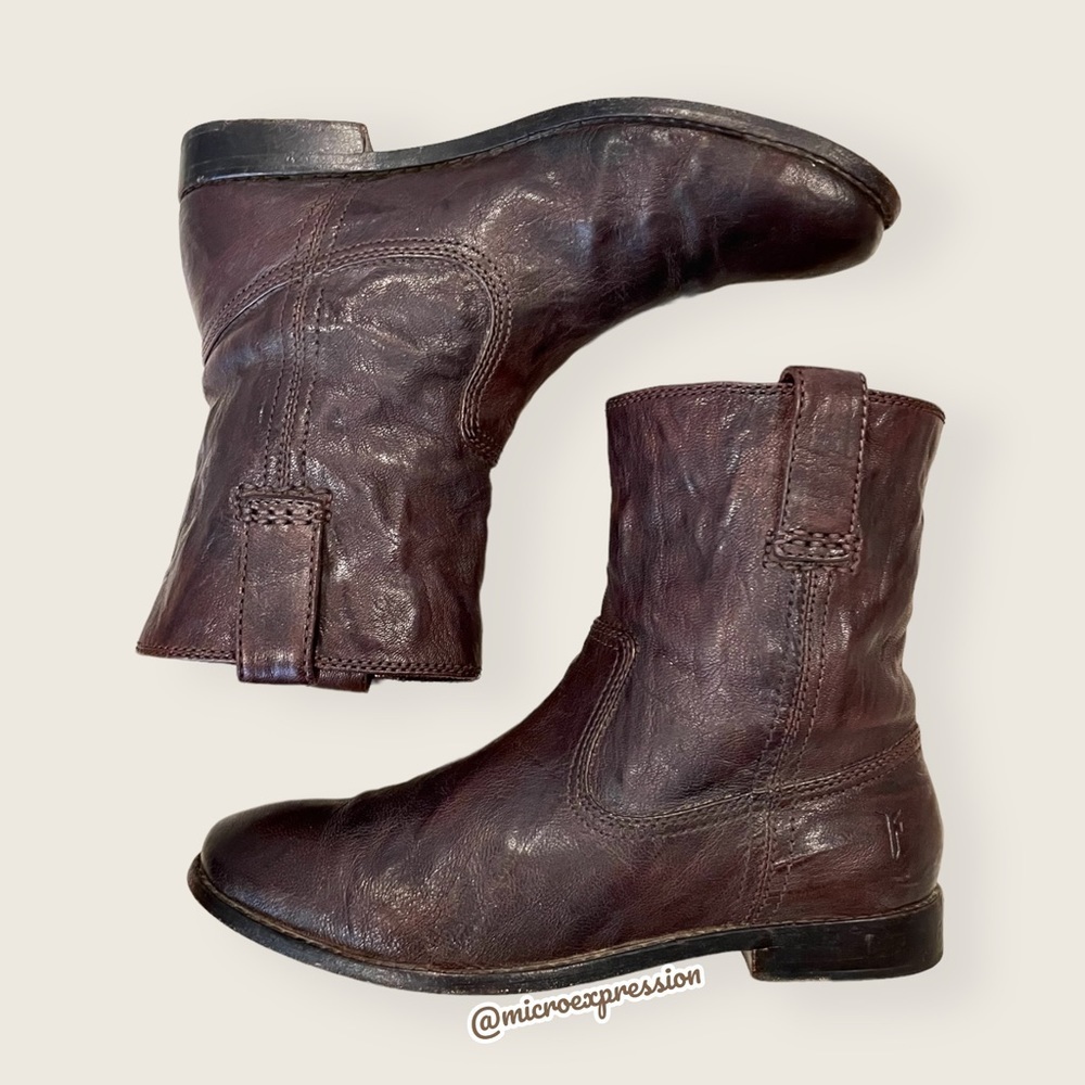 $360 Frye Anna Short Dark Brown Genuine Leather Pull On Comfy Daily Ankle Boots